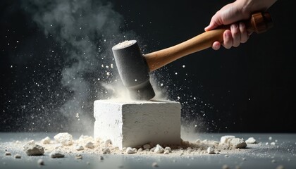 Hammer strikes white stone block creating dust cloud. Hand holds tool impacting hard mineral. Fragments fly from solid surface. Concept shows strength, destruction, power, smash, breaking, crash in