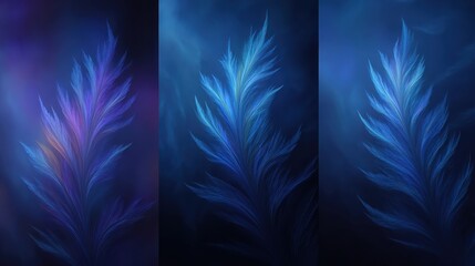 A vibrant abstract composition featuring ethereal blue and purple foliage.