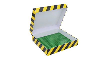 Open Gift Box with Yellow and Black Hazard Stripes and Green Grid Interior