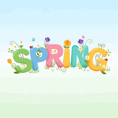 Fototapeta premium Spring season word art with colorful letters and blooming flowers