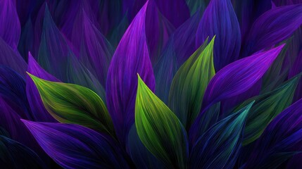 Vibrant leaves in shades of purple and green create a stunning botanical abstract.