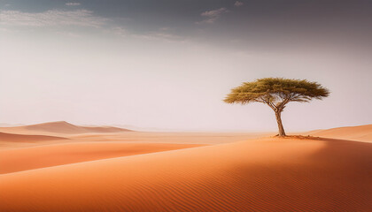 Lonely Acacia Tree In Quiet Desert Scene Soft Orange Sand Under Pale Sky Minimalist Aesthetic Creating Peaceful Empty Landscape Digital Illustration Digital Painting