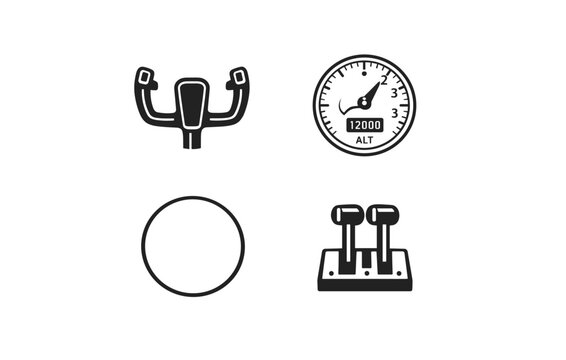 Aviation icons: cockpit controls, altimeter, steering, throttle