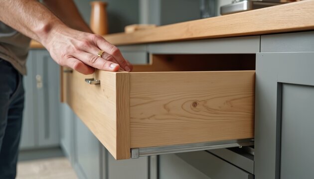Man opens kitchen drawer. Hand reaches for wood drawer. Kitchen cabinet detail. Modern interior design. Home renovation concept. DIY handyman work. Wooden storage element.