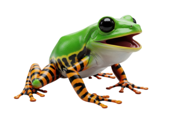 a dynamically posed, hyperrealistic exotic tree frog, vivid emerald green and striped orange and black skin texture, mouth open, against a transparent background, striking wildlife visualization of