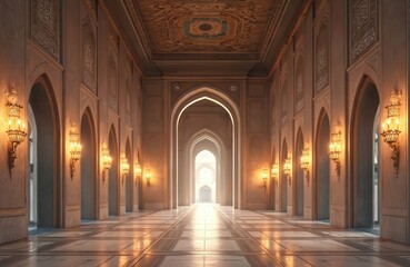 Obraz premium Luxurious masjid interior design. Elegant arches ornate wall carvings. Decorative wall lamps, ceiling. Hallway leads towards bright light source. Architectural background for cultural events