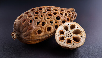 Halved Dried Lotus Root With Porous Texture And Dark Speckled Skin On Dark Background