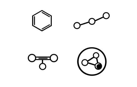 Simple chemical structure icons: benzene, linear, trigonal planar, cyclic molecules
