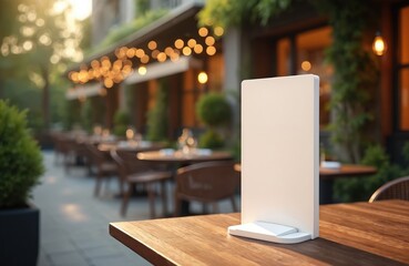 Vertical menu display on upscale eatery terrace. Blank white mockup stands on wooden table. Refined outdoor seating, ambient lights, soft bokeh. Elegant design promotion in cozy minimalist setting.