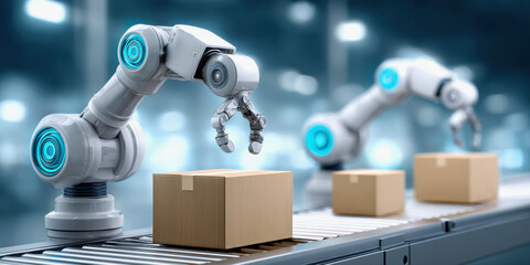 Concept of supply chain resilience and automation innovation. A futuristic scene featuring robotic arms working on a conveyor belt, handling cardboard boxes in a high-tech environment.