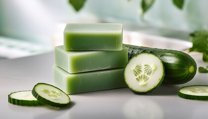 Natural Mint And Cucumber Soap Bars Stacked On A Countertop With Sliced Cucumber In The Background
