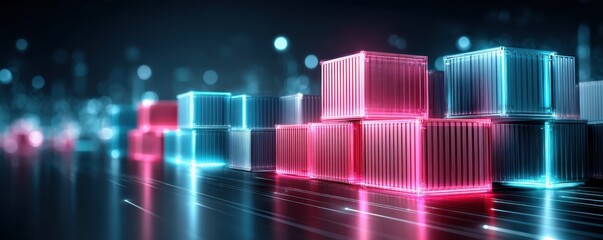 Concept of supply chain resilience and automation innovation. A futuristic scene featuring illuminated shipping containers stacked on a reflective surface, set against a blurred city background.