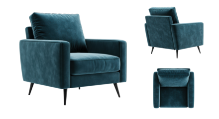dark teal velvet luxury armchair shown in a stylized three-view composite (flat lay, side, front) with clean, shadowless high-key lighting on a transparent background, sophisticated product