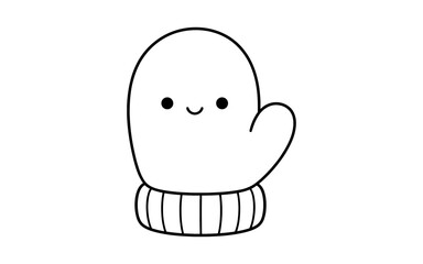 Obraz premium Cute cartoon mitten with a happy face and ribbed cuff, simple line art illustration
