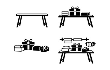 Gift wrapping station with boxes and ribbons in black and white style