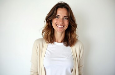 Obraz premium Happy woman portrait. Joyful female model in casual clothes smiles broadly at camera. Beautiful lady with charming smile. Positive emotions and happiness concept.