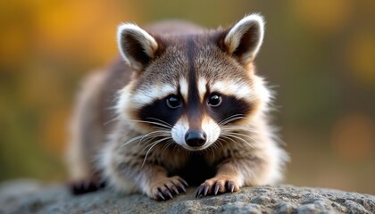 Obraz premium Closeup portrait of cute raccoon on rock. Wild mammal looks at camera. Raccoon with fluffy fur, mask. Animal in wild habitat outdoor. Natural eco wallpaper background. Animal wildlife concept.