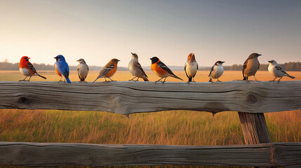 Group of colorful songbirds lined up on a rustic fence in rural pasture landscape