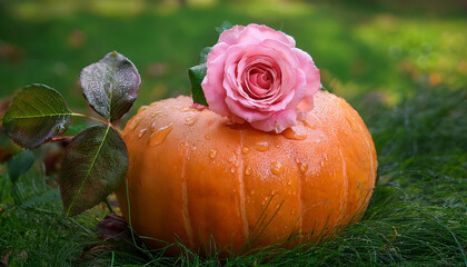 Rose Flower Pink A Vibrant Pink Rose Adorned With Water Droplets Rests Delicately On A Bright Orange Pumpkin Surrounded By Lush Green Foliage Creating A Serene Autumn Atmosphere