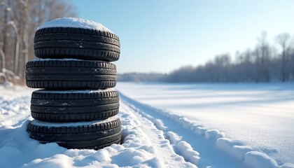 Four black tires stacked in winter scene. Snow covers the ground and tops of tires. Winter landscape features snow covered area with trees and a clear sky.