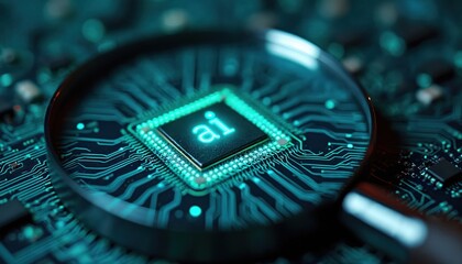 Magnifying glass inspects glowing ai chip on circuit board. Future tech, data processing, computer intelligence. Microchip innovation, cybernetic research, digital circuits.