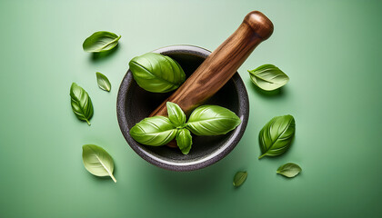 Mortar And Pestle With Fresh Green Basil Leaves On Pastel Background For Culinary Theme