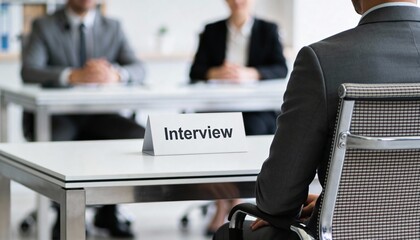 Candidate sits opposite a formal hiring panel with an "Interview" sign displayed on the white table.
