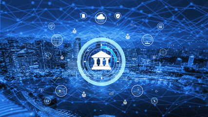 A global FinTech and digital banking network technology concept. A central financial system connected to the worldwide digital economy and services. Motif