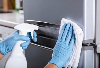 Close-up of gloved hands cleaning a stainless steel refrigerator with a spray bottle and white cloth.