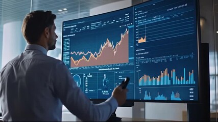 Man analyzing stock market data on curved computer screen - Powered by Adobe
