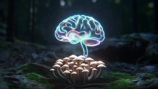 A glowing, translucent brain emerges from a cluster of mushrooms in a dark, mystical forest setting.