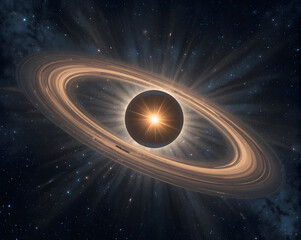 Planet orbit visualization of glowing ringed planet during transit with radiant star light and cosmic dust creating dramatic space atmosphere
