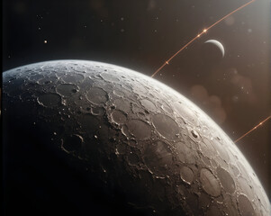 Planet orbit visualization dramatic cratered moon surface with distant crescent planet and glowing orbital trails creating cinematic cosmic