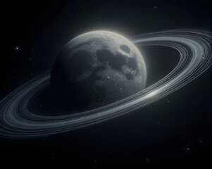 Planet orbit visualization of ringed rocky moon casting soft glow and distant stars creating serene cosmic mood