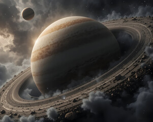 Planet orbit visualization majestic gas planet with sweeping ring and moon orbiting through cloudy debris evoking wonder and cosmic motion