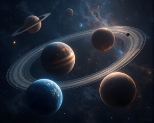 Planet orbit visualization of multiple planets with glowing rings and distant stars creating dramatic cosmic scene