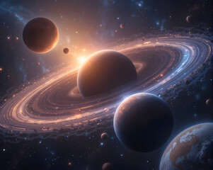 Planet orbit visualization glowing ringed planet with multiple orbiting moons and distant stars creating dramatic cosmic scene