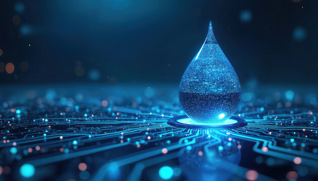 Water drop rests on futuristic tech circuit board. It symbolizes data flow and digital networks. Clean energy concept for tech solutions. Eco friendly tech innovation represented by water circuit.