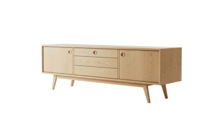a photorealistic light oak mid-century modern sideboard with recessed brass pulls and tapered legs, displayed against a flawless white studio backdrop, emphasizing minimalist luxury design