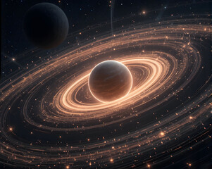 Planet orbit visualization glowing gas giant with luminous ring system and distant moon creating cosmic wonder and serene space ambiance