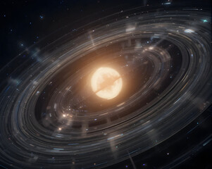 Planet orbit visualization glowing star surrounded by luminous debris ring in deep space creating dramatic cosmic motion scene
