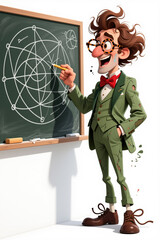 A cheerful, disheveled teacher in a green suit and bowtie, drawing complex diagrams on a chalkboard with chalk and eraser nearby.