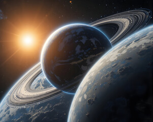 Planet orbit visualization of ringed planet above cloudy terrestrial world with warm sunlight creating dramatic atmospheric glow