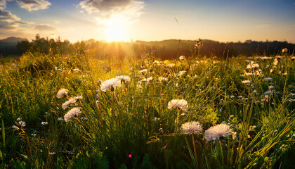 Sunlit Blooming Flowers In Lush Green Field At Golden Hour