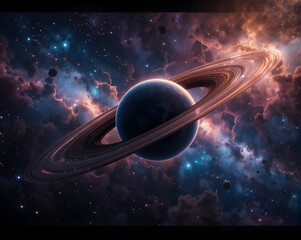 Planet orbit visualization dramatic ringed planet floating in colorful nebula with moons and starlight creating cosmic wonder