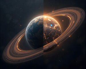 Planet orbit visualization of futuristic ringed world showing daylight landmasses and illuminated city grid glowing with warm light and subtle