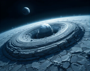 Planet orbit visualization of icy ringed world with central dome and distant moon creating eerie calm lighting and vast textured surface