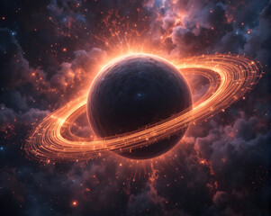 Planet orbit visualization glowing ringed planet surrounded by fiery rings and cosmic clouds evoking wonder and mystery