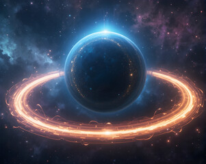 Planet orbit visualization of luminous ring around dark blue planet glowing city lights and cosmic nebula creating dramatic cosmic wonder