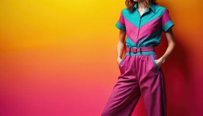 Stylish woman poses in pink pantsuit, turquoise shirt against vibrant gradient backdrop. Fashionable model presents retro clothing. Bold colors enhance modern aesthetic. Trendy garment worn at studio.
